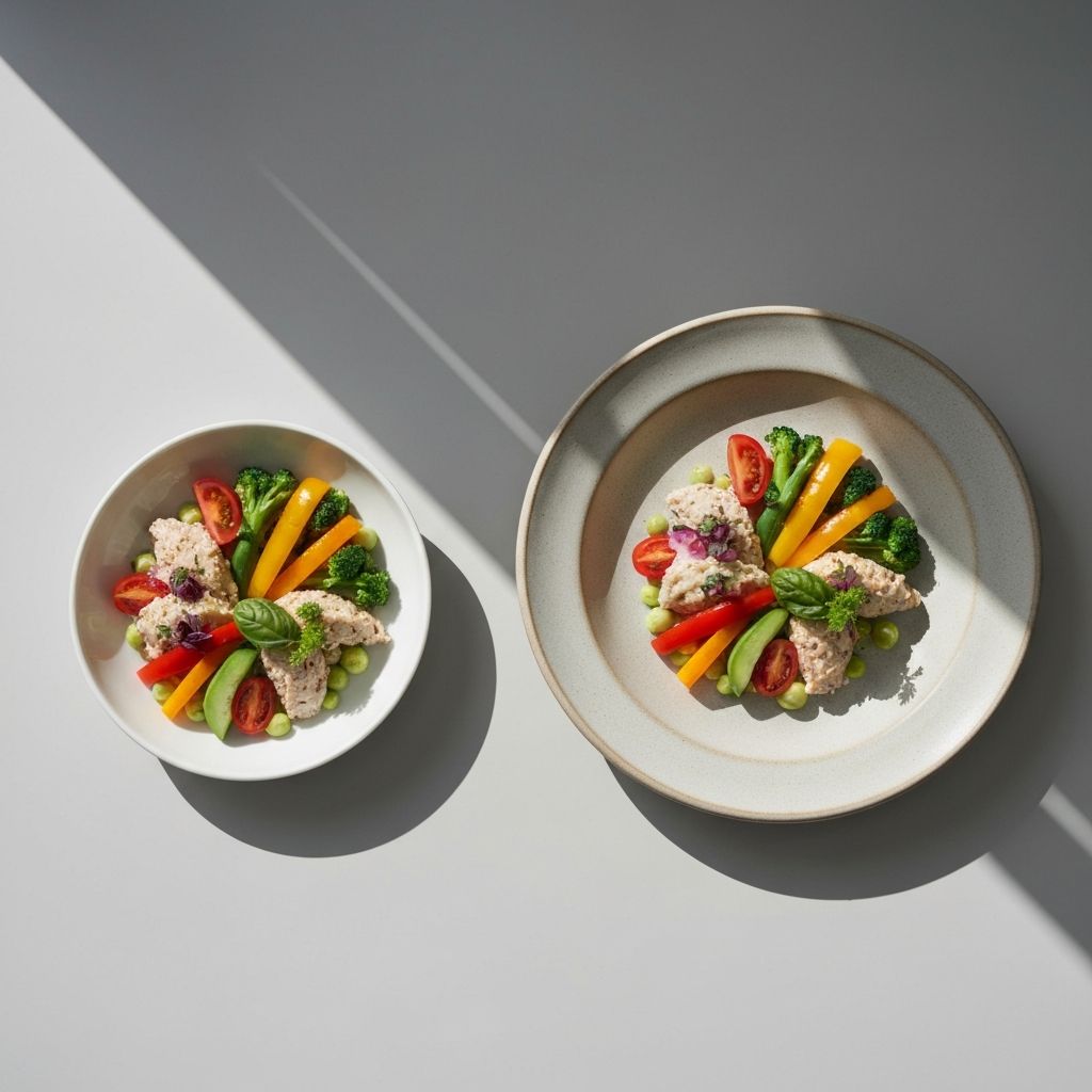 Same food portion in small, medium, and large containers showing visual size perception differences