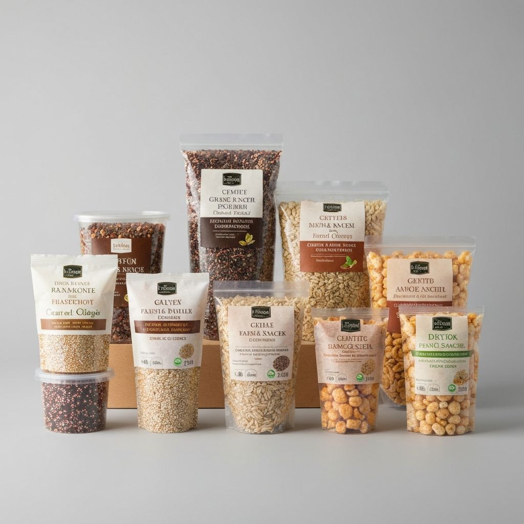 Various packaging containers showing different sizes of food products